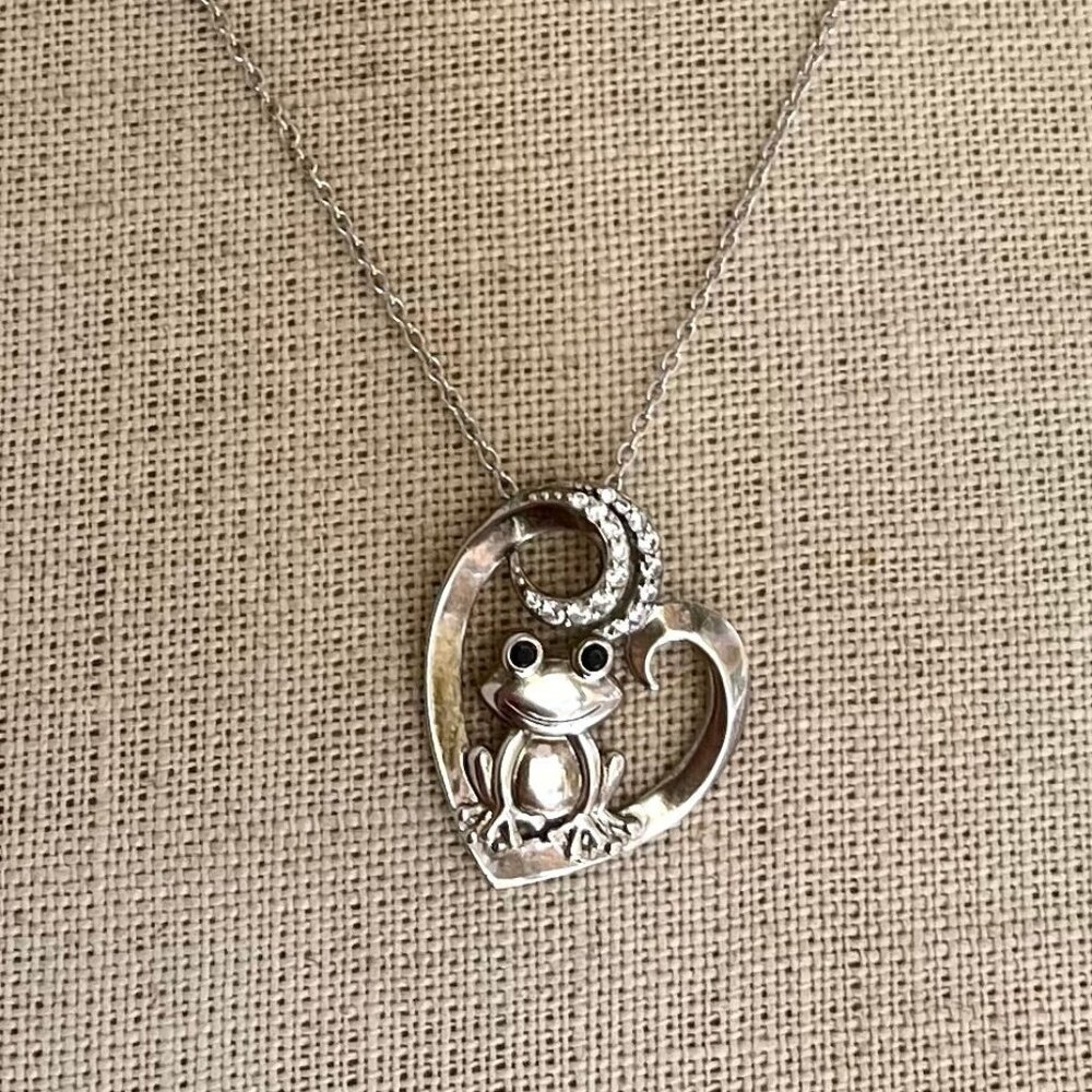 Sterling Silver Frog Necklace with Rhinestone Cute Kawaii Jewelry